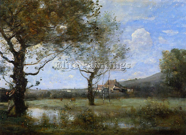 JEAN-BAPTISTE-CAMILLE COROT MEADOW WITH TWO LARGE TREES ARTIST PAINTING HANDMADE