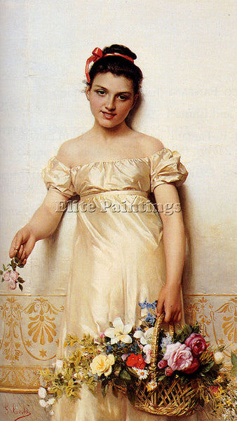 ITALIAN COSTA GIOVANNI A YOUNG LADY HOLDING A BASKET OF FLOWERS ARTIST PAINTING