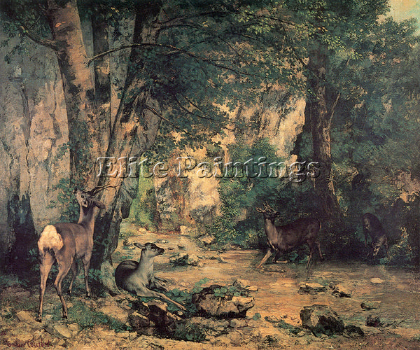 GUSTAVE COURBET A THICKET OF DEER AT THE STREAM OF PLAISIR FOUNTAINE OIL CANVAS