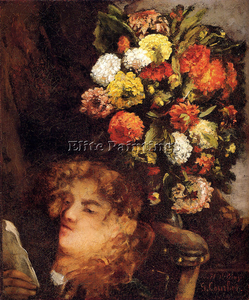 GUSTAVE COURBET HEAD OF A WOMAN WITH FLOWERS ARTIST PAINTING HANDMADE OIL CANVAS