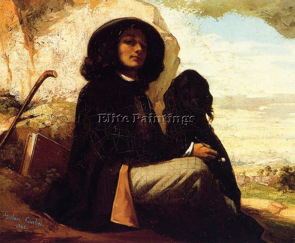 GUSTAVE COURBET SELF PORTRAIT WITH BLACK DOG ARTIST PAINTING HANDMADE OIL CANVAS