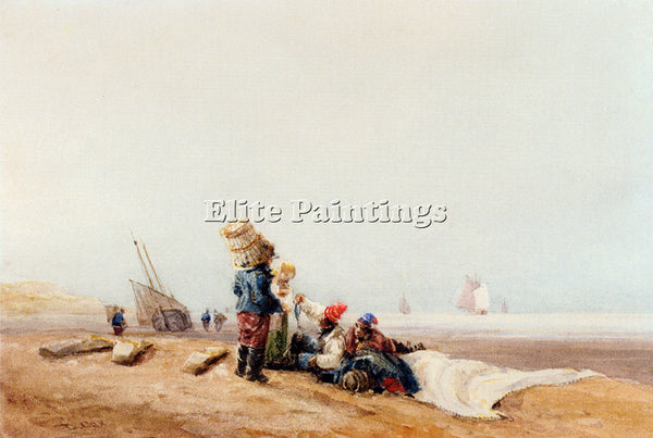 DAVID COX FISHERFOLK ON THE SHORE ARTIST PAINTING REPRODUCTION HANDMADE OIL DECO