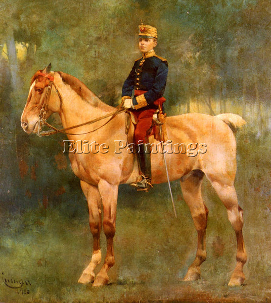 JOSE CUSACHS Y CUSACHS A PORTRAIT OF ALFONSO III ON HORSEBACK PAINTING HANDMADE