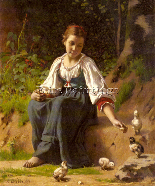 FRANCOIS ALFRED DELOBBE A YOUNG GIRL FEEDING BABY CHICKS ARTIST PAINTING CANVAS