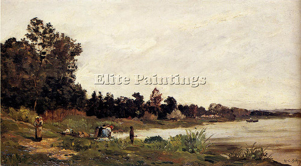 HIPPOLYTE CAMILLE DELPY WASHERWOMEN IN A RIVER LANDSCAPE ARTIST PAINTING CANVAS