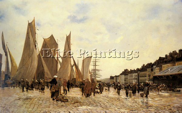 HIPPOLYTE CAMILLE DELPY THE DOCKS AT DIEPPE ARTIST PAINTING HANDMADE OIL CANVAS