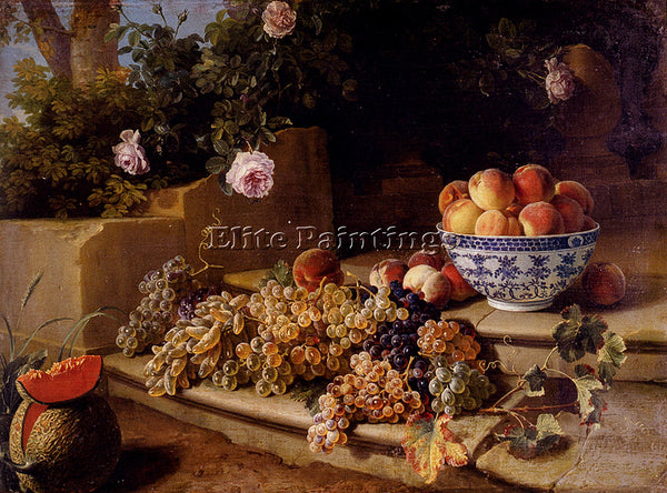 DESPORTES STILL LIFE GRAPES PEACHES IN BLUE AND WHITE PORCELAIN BOWL AND MELON