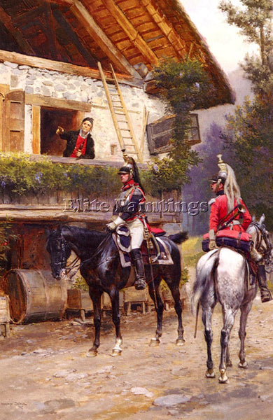 EDOUARD DETAILLE MOUNTED FIRST EMPIRE DRAGOONS IN FRONT COUNTRY HOUSE ARTIST OIL