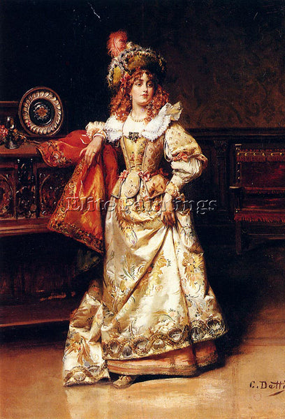 CESARE-AUGUSTE DETTI WAITING FOR HER ESCORT ARTIST PAINTING HANDMADE OIL CANVAS