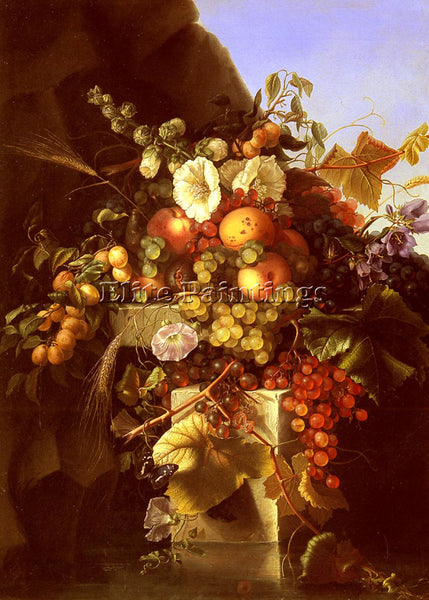 DIETRICH ADELHEID STILL LIFE WITH GRAPES PEACHES FLOWERS AND BUTTERFLY PAINTING - Oil Paintings Gallery Repro