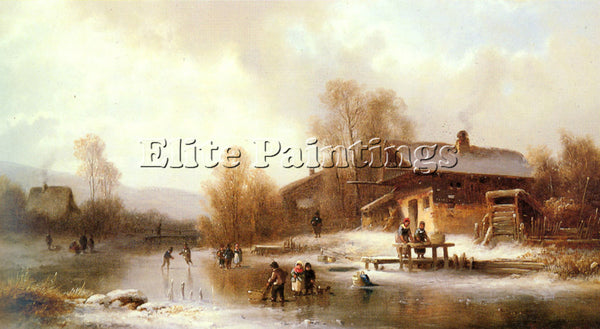 ANTON DOLL SKATERS AND WASHERWOMEN IN A FROZEN LANDSCAPE ARTIST PAINTING CANVAS
