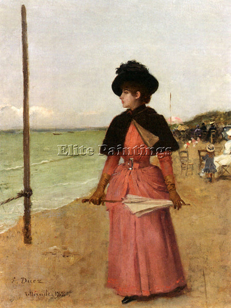 ERNEST ANGE DUEZ AN ELEGANT LADY ON THE BEACH ARTIST PAINTING REPRODUCTION OIL