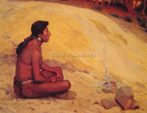EANGER COUSE INDIAN SEATED BY A CAMPFIRE ARTIST PAINTING REPRODUCTION HANDMADE