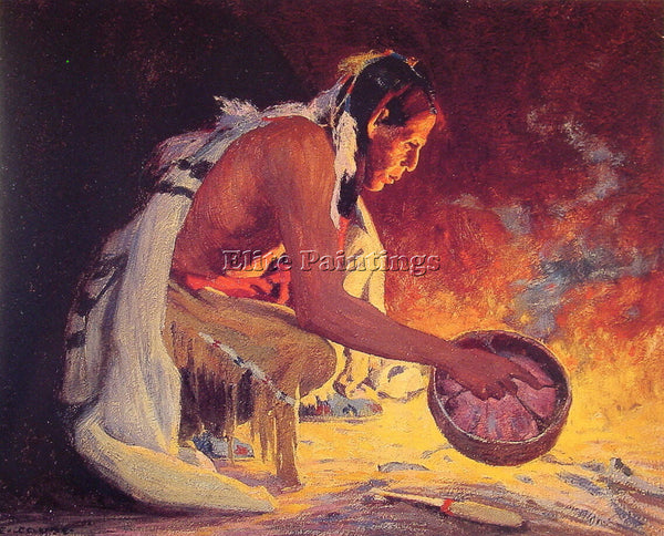 EANGER COUSE INDIAN BY FIRELIGHT ARTIST PAINTING REPRODUCTION HANDMADE OIL REPRO
