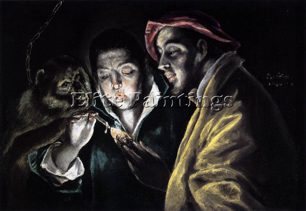 EL GRECO ALLEGORY BOY LIGHTING CANDLE IN COMPANY APE AND FOOL FABULA OIL CANVAS