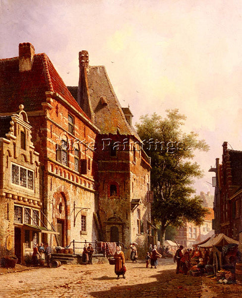 ADRIANUS EVERSEN A SUNLIT STREET ON MARKET DAY ARTIST PAINTING REPRODUCTION OIL