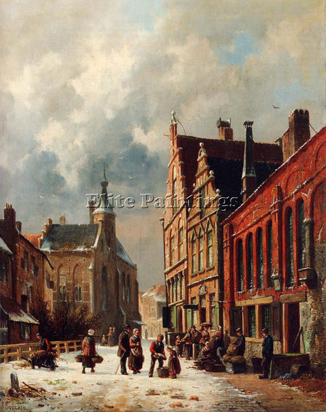 ADRIANUS EVERSEN A VIEW IN A TOWN IN WINTER ARTIST PAINTING HANDMADE OIL CANVAS