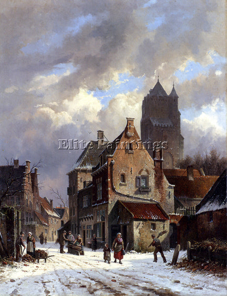ADRIANUS EVERSEN FIGURES IN A SNOWY VILLAGE STREET ARTIST PAINTING REPRODUCTION
