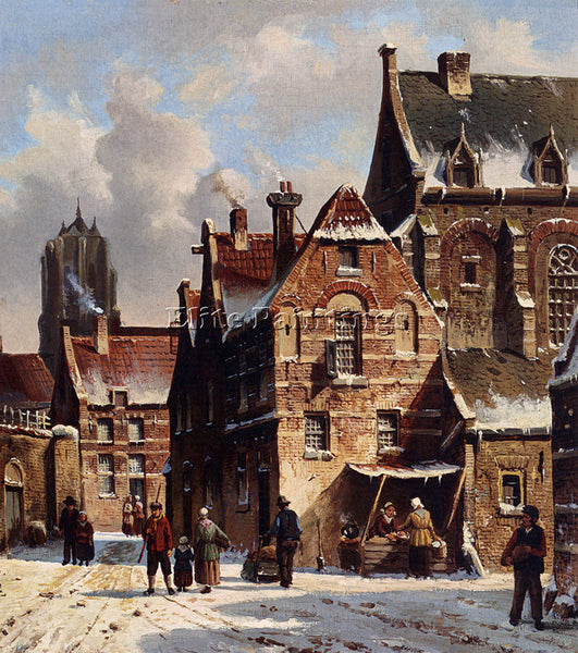 ADRIANUS EVERSEN FIGURES IN THE STREETS OF A WINTRY TOWN ARTIST PAINTING CANVAS