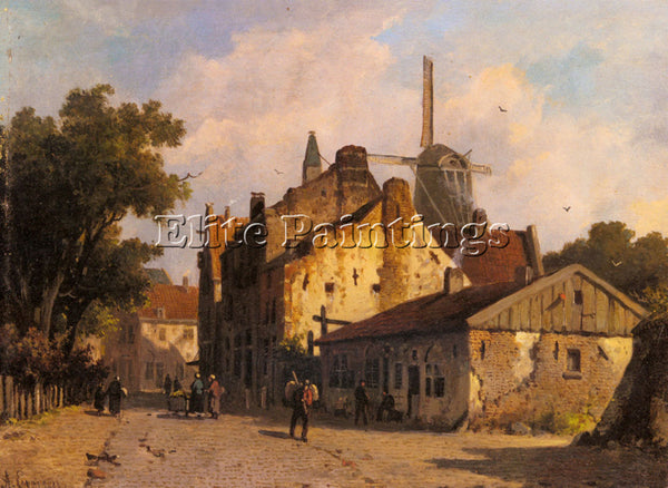 ADRIANUS EVERSEN VILLAGE SCENE WITH A WINDMILL ARTIST PAINTING REPRODUCTION OIL
