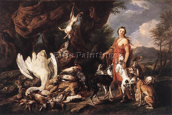 JAN FYT  DIANA WITH HER HUNTING DOGS BESIDE KILL ARTIST PAINTING HANDMADE CANVAS