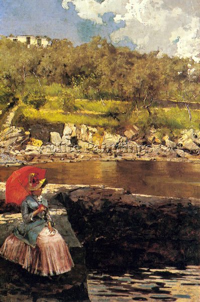 ITALIAN FARINA ISIDORO THE RED PARASOL ARTIST PAINTING REPRODUCTION HANDMADE OIL