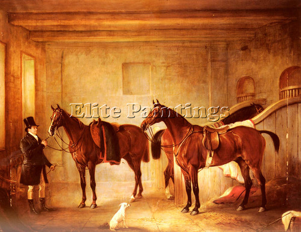 JOHN FERNELEY SIR JOHN THOROLD BAY HUNTERS WITH THEIR GROOM IN A STABLE PAINTING