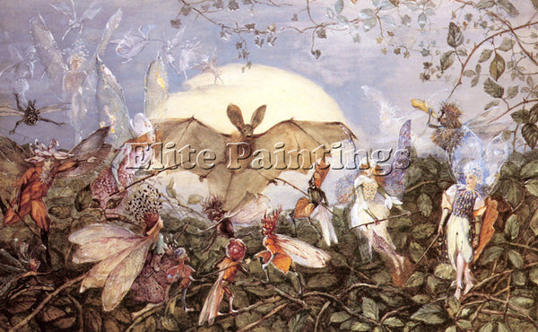 JOHN ANSTER FITZGERALD FAIRY HORDES ATTACKING A BAT ARTIST PAINTING REPRODUCTION