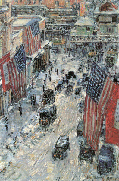 HASSAM FLAGS ON FIFTH AVENUE WINTER 1918 ARTIST PAINTING REPRODUCTION HANDMADE