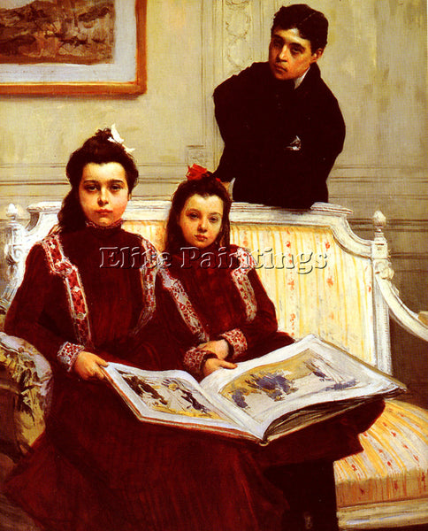 FRANCOIS FLAMENG  FAMILY PORTRAIT OF A BOY AND HIS TWO SISTERS PAINTING HANDMADE