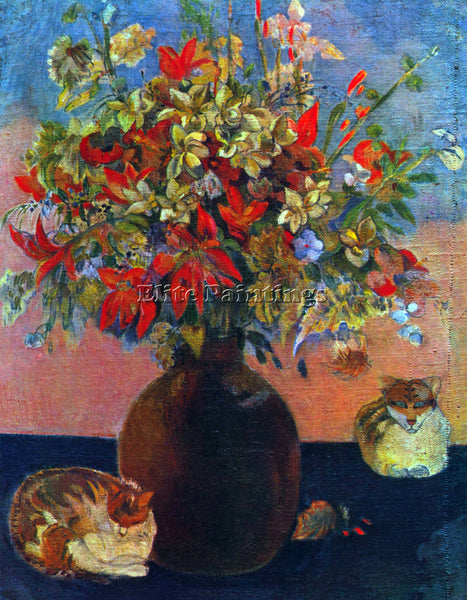 GAUGUIN FLOWERS AND CATS 3 ARTIST PAINTING REPRODUCTION HANDMADE OIL CANVAS DECO