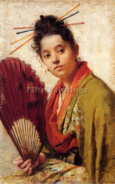 SPANISH FONTANO ROBERTO A YOUNG GIRL HOLDING A FAN ARTIST PAINTING REPRODUCTION