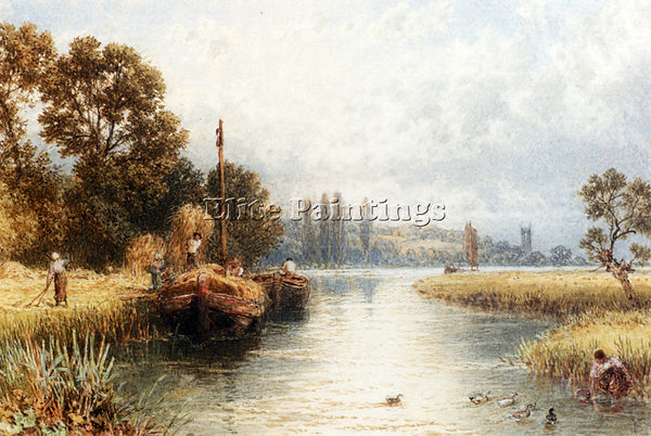 MYLES BIRKET FOSTER LOADING HAY BARGES WITH A YOUNG WOMAN TAKING WATER PAINTING