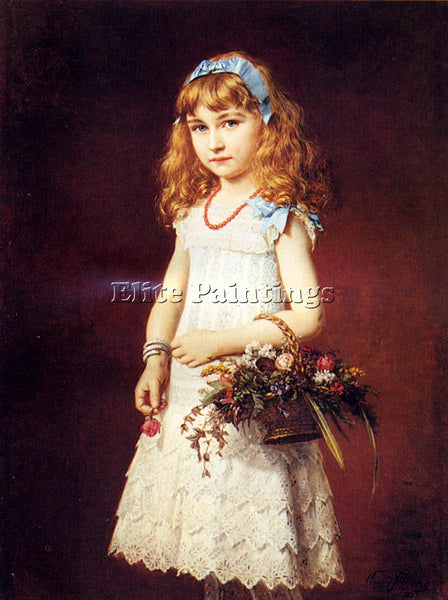 FREYBERG CONRAD A YOUNG GIRL WITH A BASKET OF FLOWERS ARTIST PAINTING HANDMADE