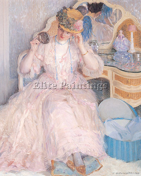 FREDERICK FRIESEKE LADY TRYING ON A HAT ARTIST PAINTING REPRODUCTION HANDMADE