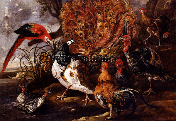 JAN FYT  PEACOCK IN LANDSCAPE WITH ROOSTERS TURKEYS DUCKS HERON AND PARROT REPRO