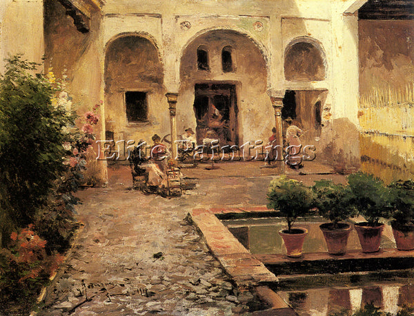 MANUEL GARCIA Y RODRIGUEZ FIGURES IN A SPANISH COURTYARD ARTIST PAINTING CANVAS