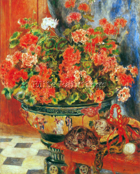 RENOIR GERANIUMS AND CATS ARTIST PAINTING REPRODUCTION HANDMADE OIL CANVAS REPRO
