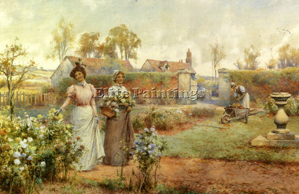 ALFRED GLENDENING AUGUSTUS A LADY AND HER MAID PICKING CHRYSANTHEMUMS ARTIST OIL