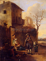 GOUBAU ANTHONIE TRAVELERS RESTING BY HOUSE WITH ARCHITECTURAL RUINS BEYOND REPRO