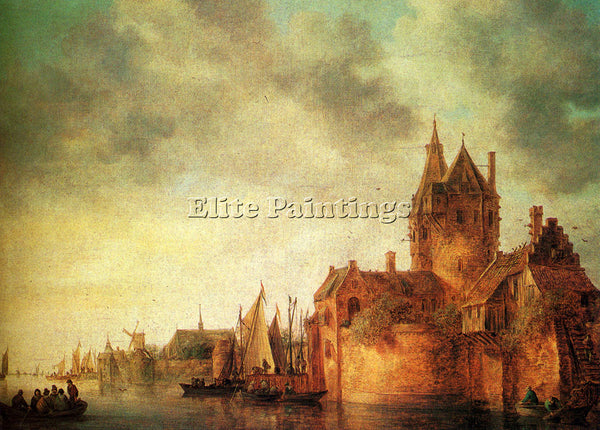 JAN VAN GOYEN CASTLE BY RIVER WITH SHIPPING AT QUAY ARTIST PAINTING REPRODUCTION