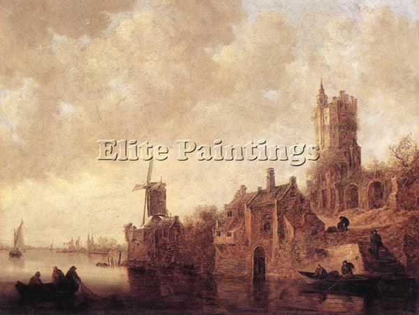 JAN VAN GOYEN RIVER LANDSCAPE WITH A WINDMILL AND A RUINED CASTLE ARTIST CANVAS