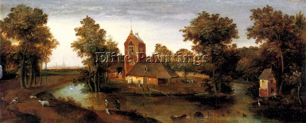 ABEL GRIMMER A MOATED TOWER WITH FARMHOUSES ARTIST PAINTING HANDMADE OIL CANVAS