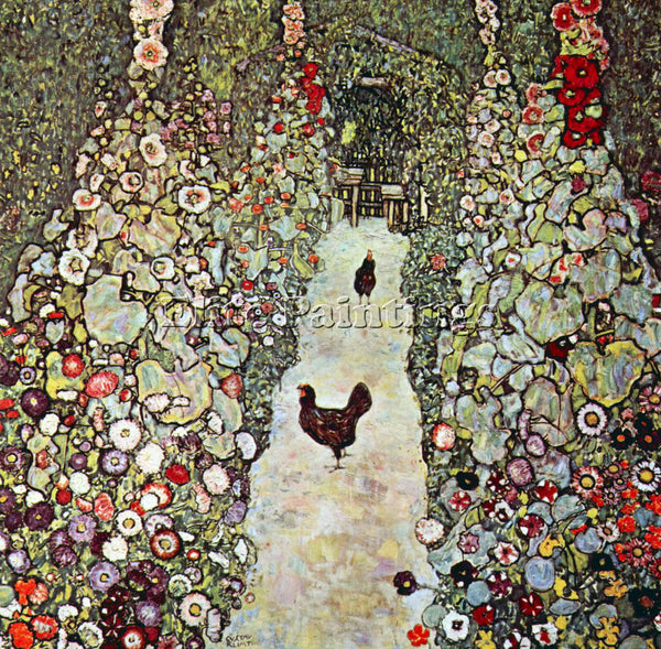 GUSTAV KLIMT GARDEN PATH WITH CHICKENS ARTIST PAINTING REPRODUCTION HANDMADE OIL