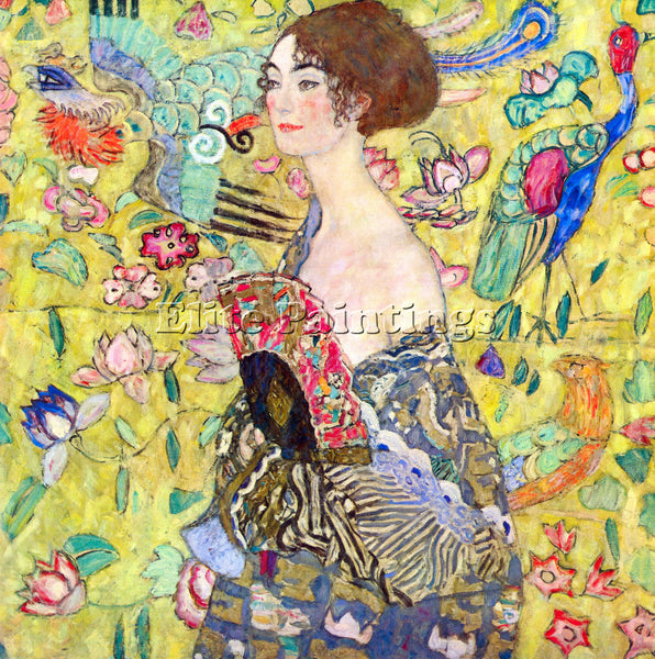 GUSTAV KLIMT LADY WITH FAN ARTIST PAINTING REPRODUCTION HANDMADE OIL CANVAS DECO