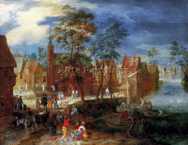 GYSELS PIETER A VILLAGE SCENE WITH PEASANTS STROLLING BY A RIVER BANK ARTIST OIL
