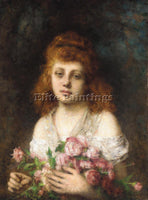 ALEXEI ALEXEIVICH HARLAMOFF AUBURN HAIRED BEAUTY WITH BOUQUET OF ROSES PAINTING