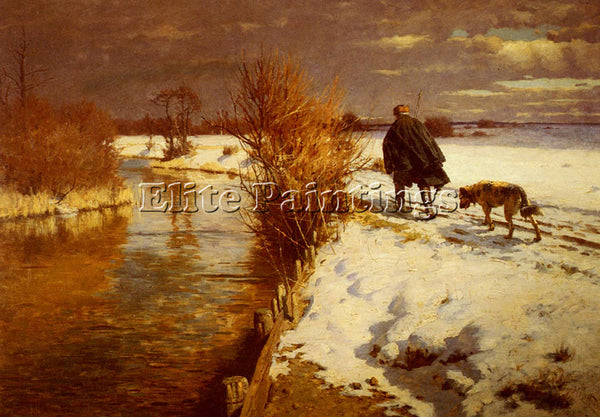 AMERICAN HARTWICK HERMANN A HUNTER IN A WINTER LANDSCAPE ARTIST PAINTING CANVAS
