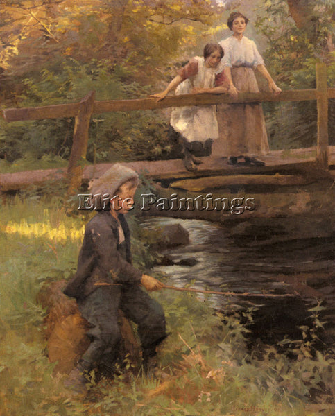 HAROLD HARVEY FISHING BY A FOREST STREAM ARTIST PAINTING REPRODUCTION HANDMADE