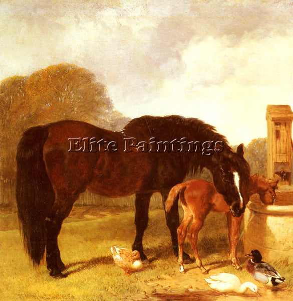 JOHN FREDERICK HERRING  HORSE AND FOAL WATERING AT A TROUGH ARTIST PAINTING OIL